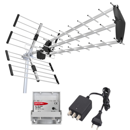 KIT ANTENNA UHF DIGITALE TERRESTRE DVBT2 5G CON AMPLIFICATORE 23dB ED ALIMENTATORE 2 USCITE