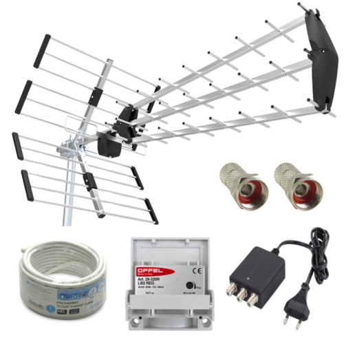 KIT ANTENNA UHF DIGITALE TERRESTRE DVBT2 5G CON AMPLIFICATORE 23dB ALIMENTATORE 2 USCITE E CAVO 10m