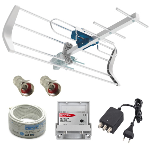 KIT ANTENNA UHF DIGITALE TERRESTRE DVBT2 5G CON AMPLIFICATORE 23dB ALIMENTATORE 2 USCITE E CAVO 10m