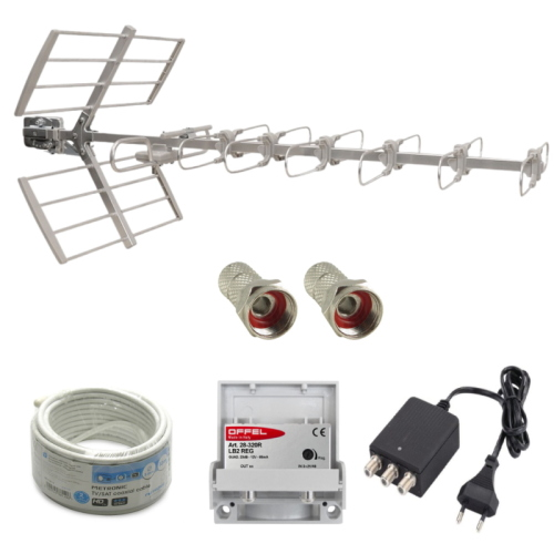KIT ANTENNA UHF DIGITALE TERRESTRE DVBT2 5G CON AMPLIFICATORE 23dB ALIMENTATORE 2 USCITE E CAVO 10m